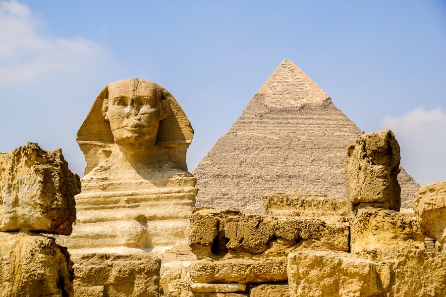 Sphinx and pyramid at the Great Pyramids of Giza in Egypt