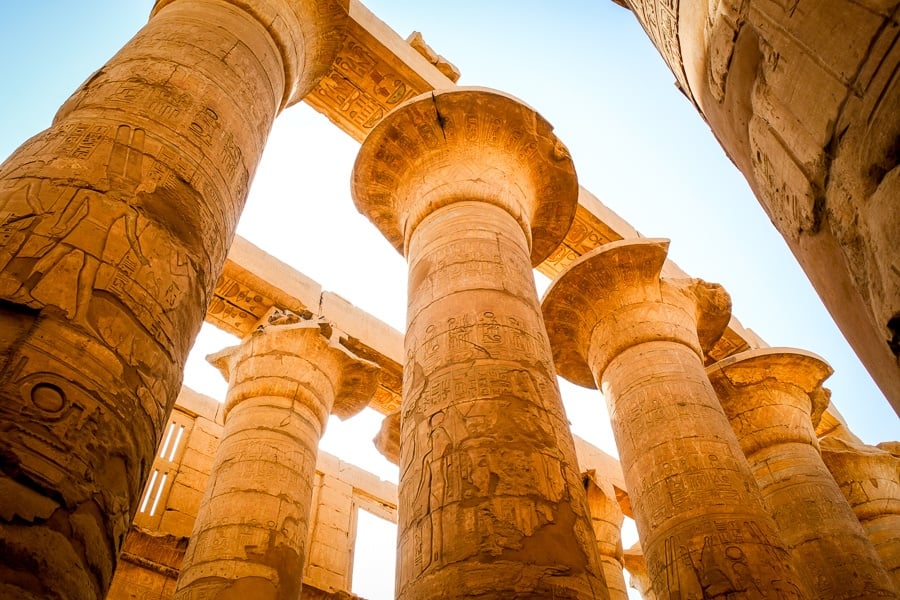 Pillars at the Hypostyle Hall of Karnak Temple in Luxor, Egypt