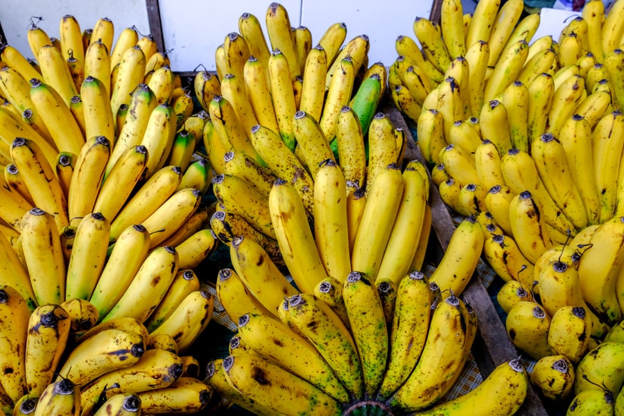 Colorful bananas for sale at the Tomohon market in Sulawesi, Indonesia