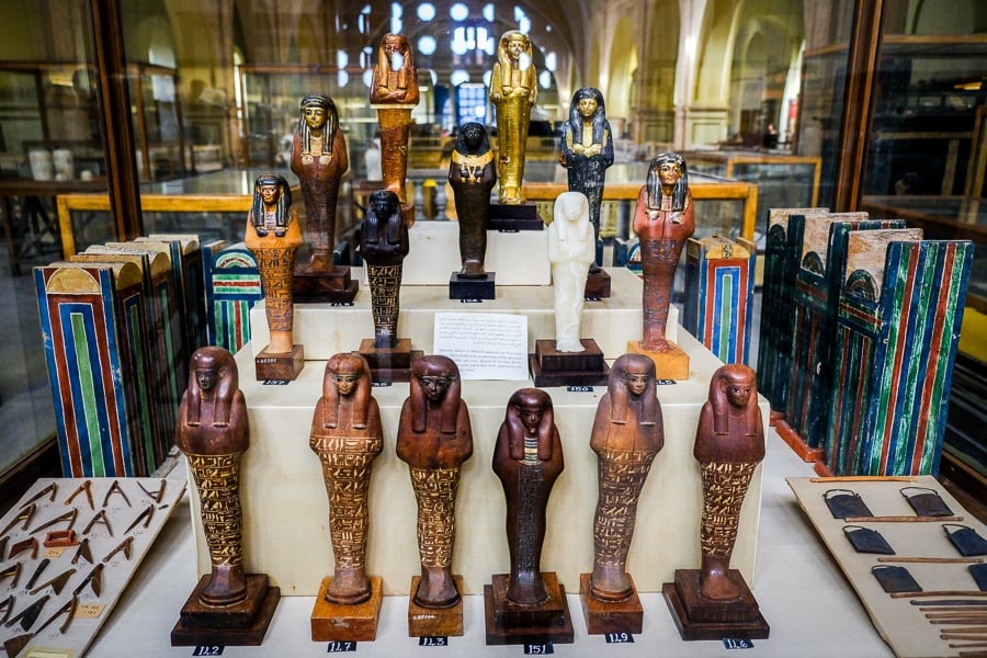 Pharaoh figurines on display at the Egyptian Museum in Cairo, Egypt