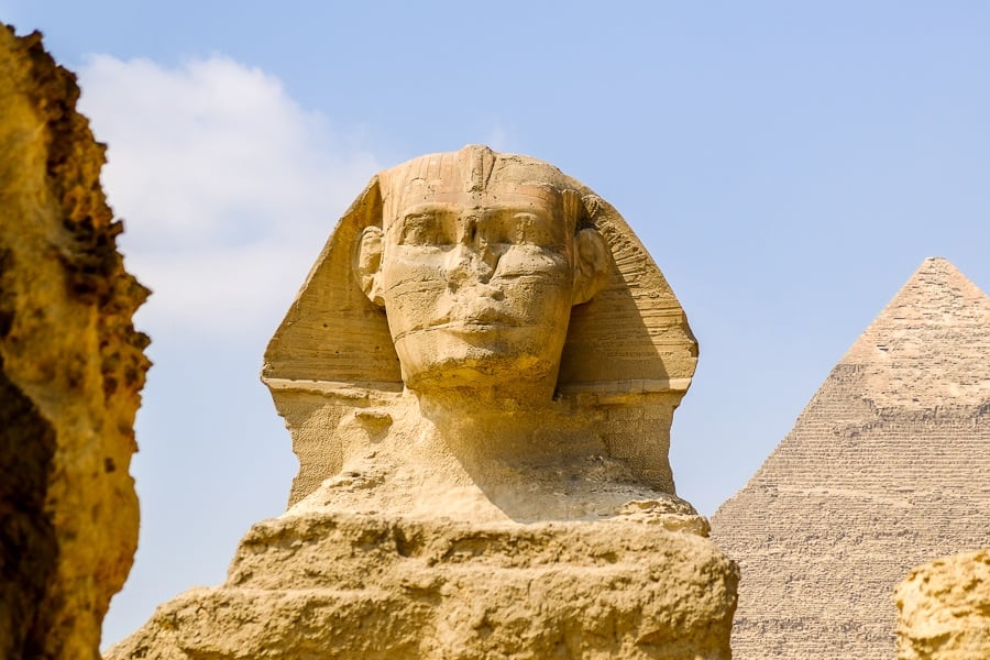 Sphinx head at the Great Pyramids of Giza in Egypt