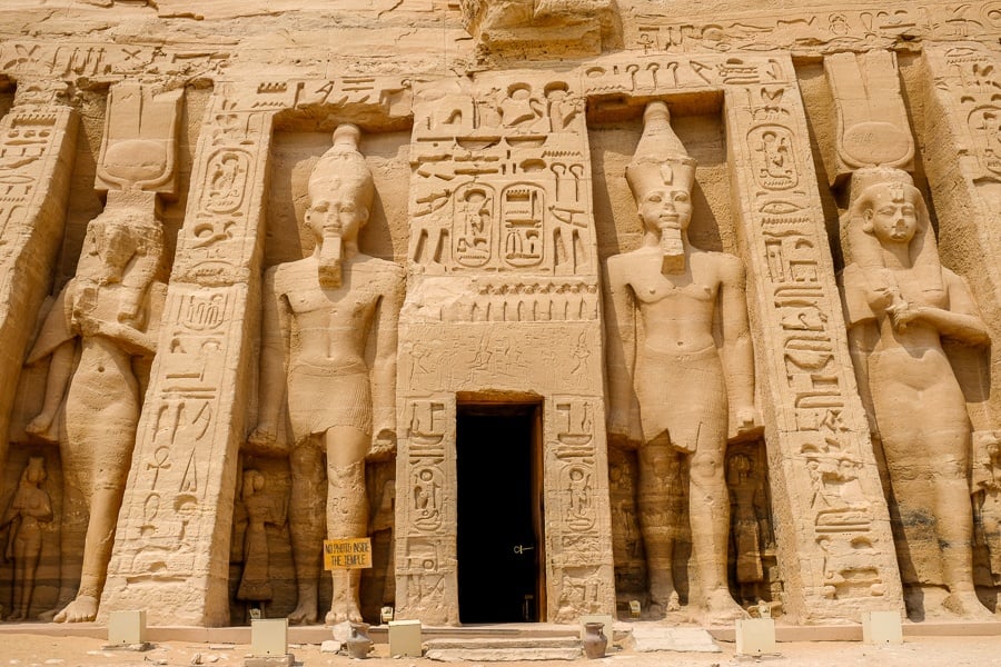 Statues and doorway at the second temple in Abu Simbel, Egypt