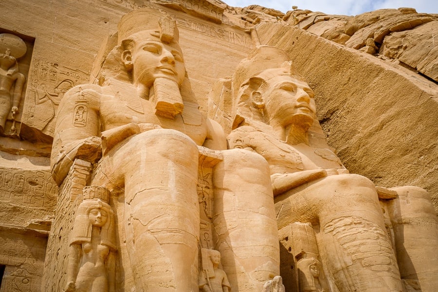 Giant pharaoh statues at Abu Simbel Temple in Egypt