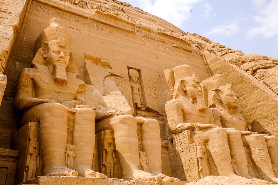 Giant pharaoh statues at Abu Simbel Temple in Egypt