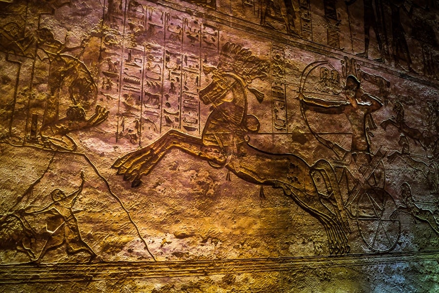 Chariot hieroglyphs inside the tomb of Abu Simbel Temple in Egypt