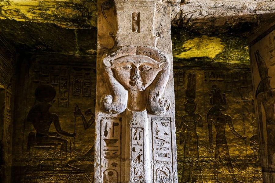 Pillar and carvings inside the temple of the queen at Abu Simbel in Egypt