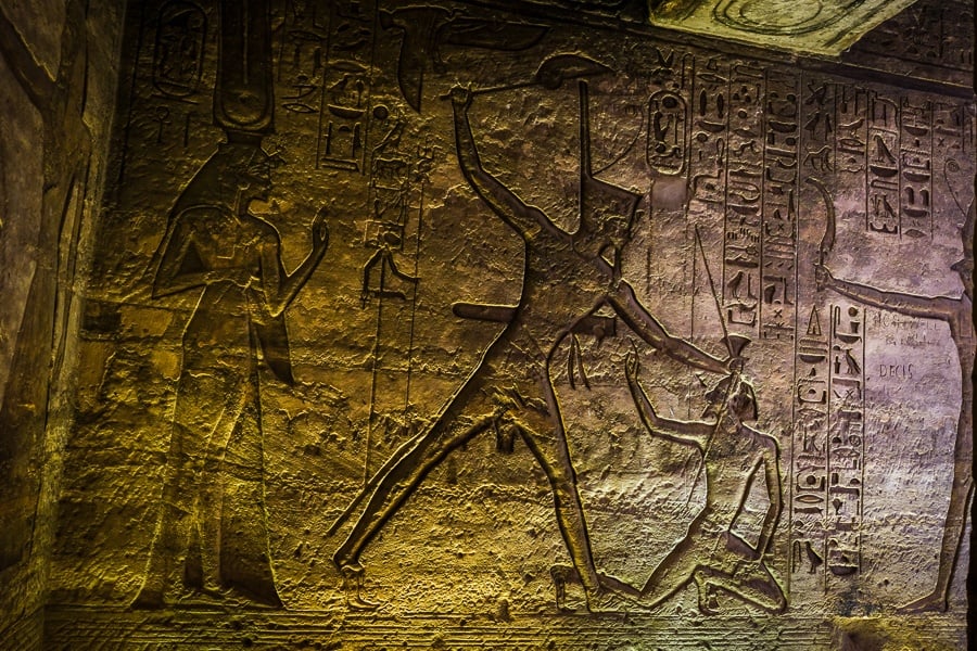 Hieroglyphs inside the small temple of the queen at Abu Simbel in Egypt