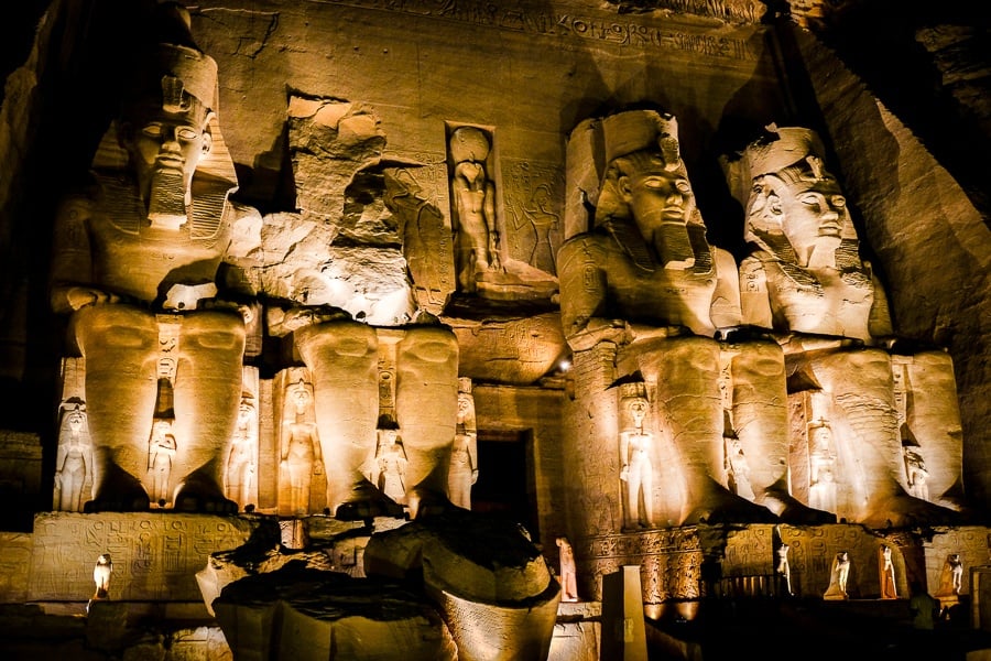 Abu Simbel Temple lit up at night in Egypt