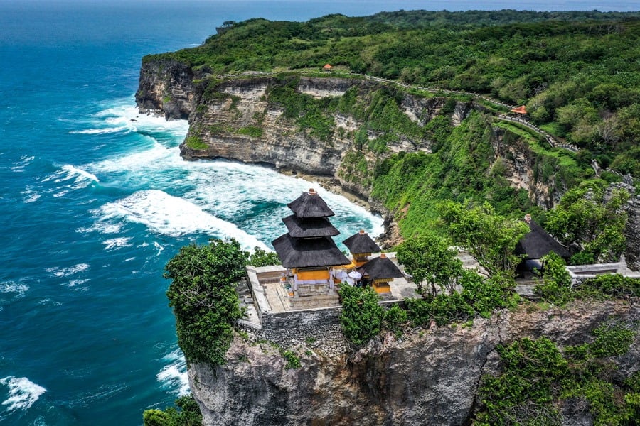 Uluwatu Temple drone picture in Uluwatu Bali Indonesia