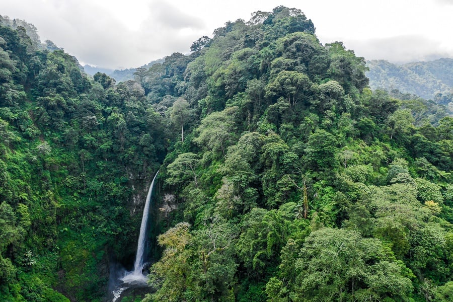 Drone pic of Coban Pelangi Waterfall in East Java Indonesia