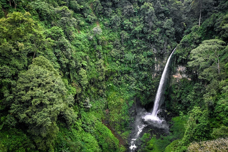 Drone pic of Coban Pelangi Waterfall in East Java Indonesia