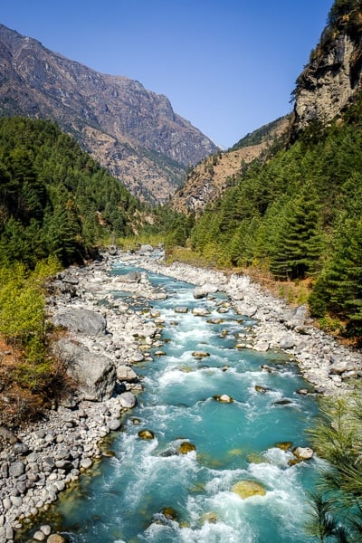 Turquoise river on the EBC Trek in Nepal