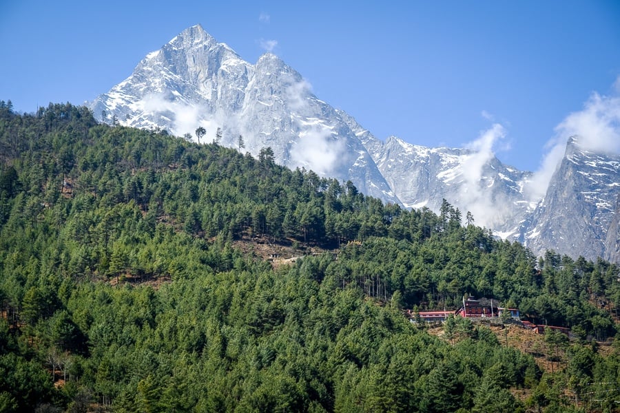 Forest and distant mountains on the EBC Trek in Nepal