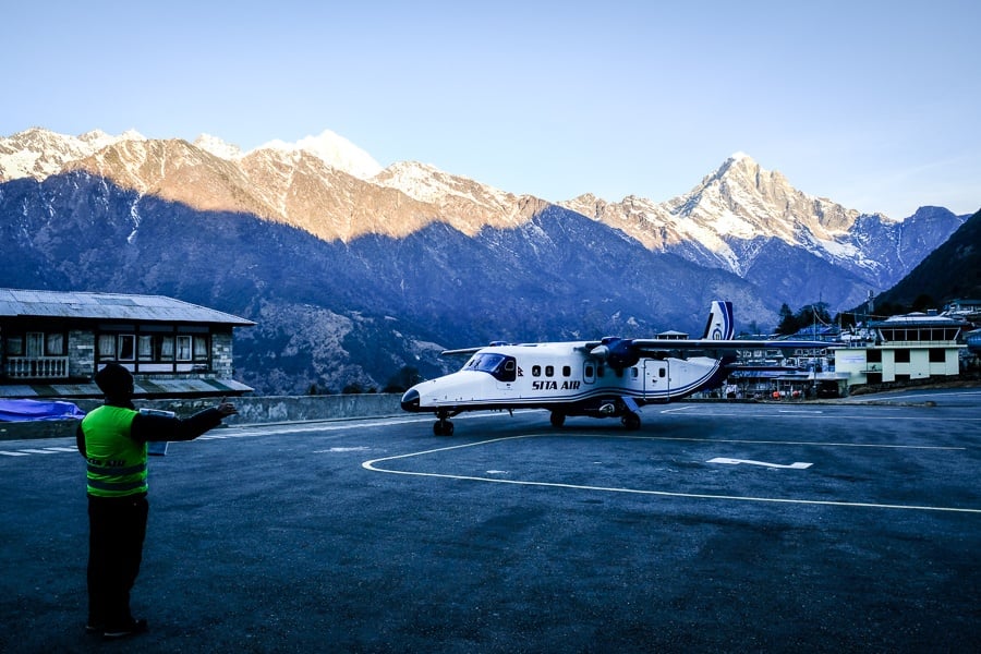 Airplane parked at Lukla airport on the EBC Trek in Nepal