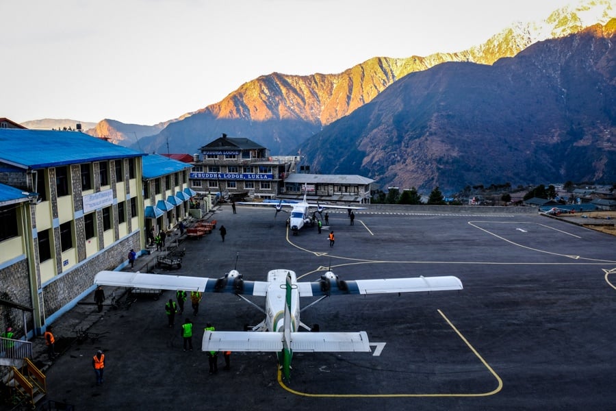 Planes parked at the Lukla airport on the EBC Trek in Nepal