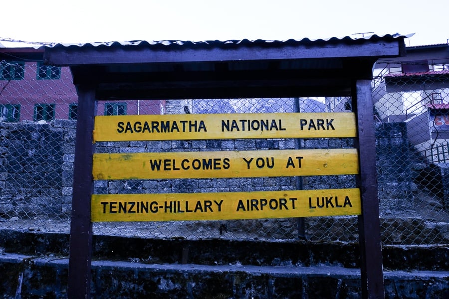 Sagarmatha National Park welcome sign at the Lukla airport on the EBC Trek in Nepal