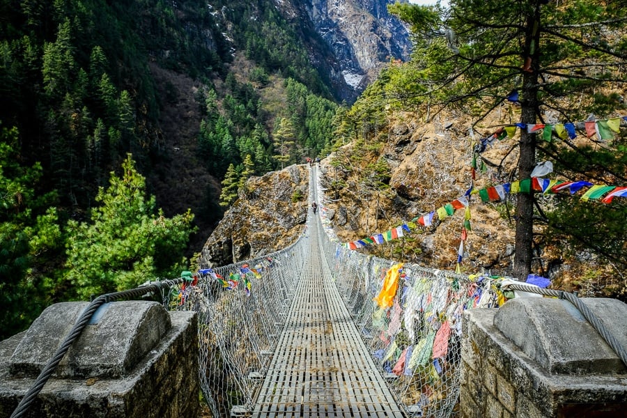 Long mountain bridge on the EBC Trek in Nepal