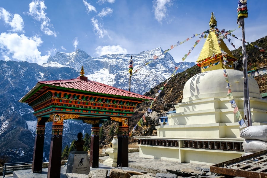 Stupa and mountains at Namche Bazaar on the EBC Trek in Nepal