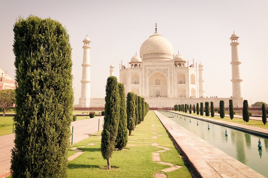 Garden and pool in front of the Taj Mahal in Agra, India