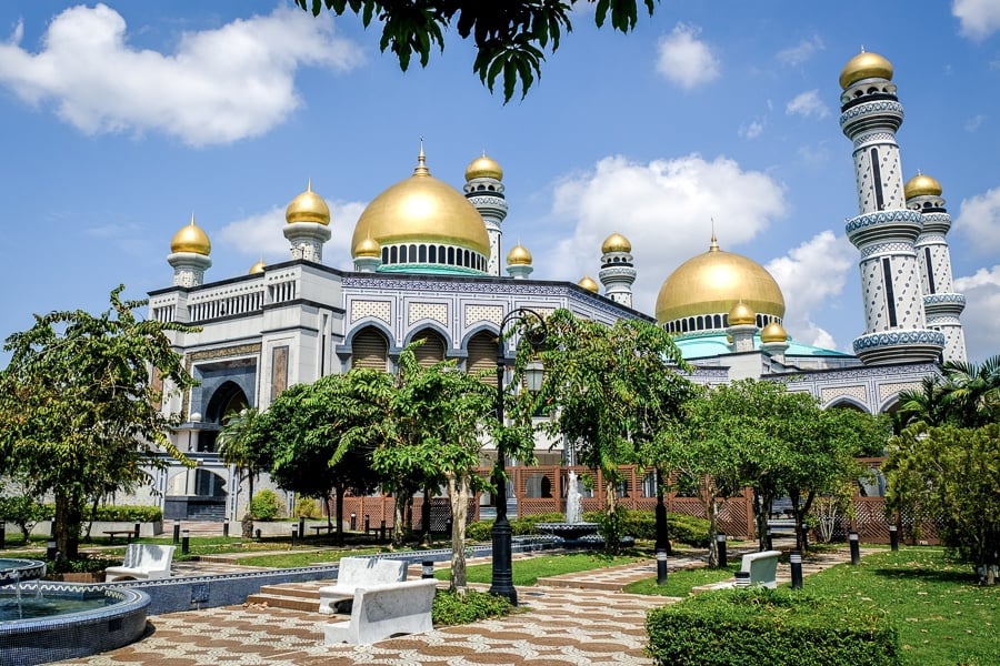 Courtyard and trees at the Jame'Asr Hassanil Bolkiah mosque in Brunei