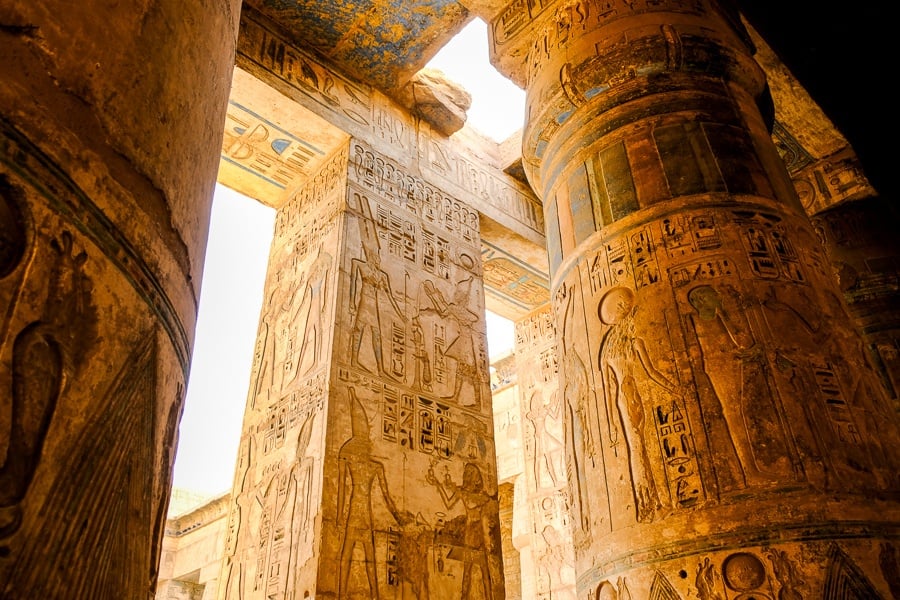 Hieroglyphs on temple pillars in Egypt