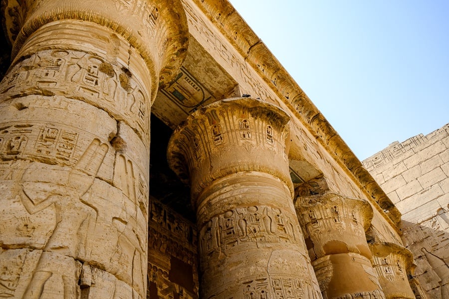 Hieroglyphs on temple pillars in Egypt