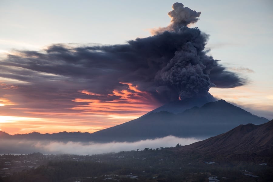 Mount Agung eruption and sunset in Bali in 2017