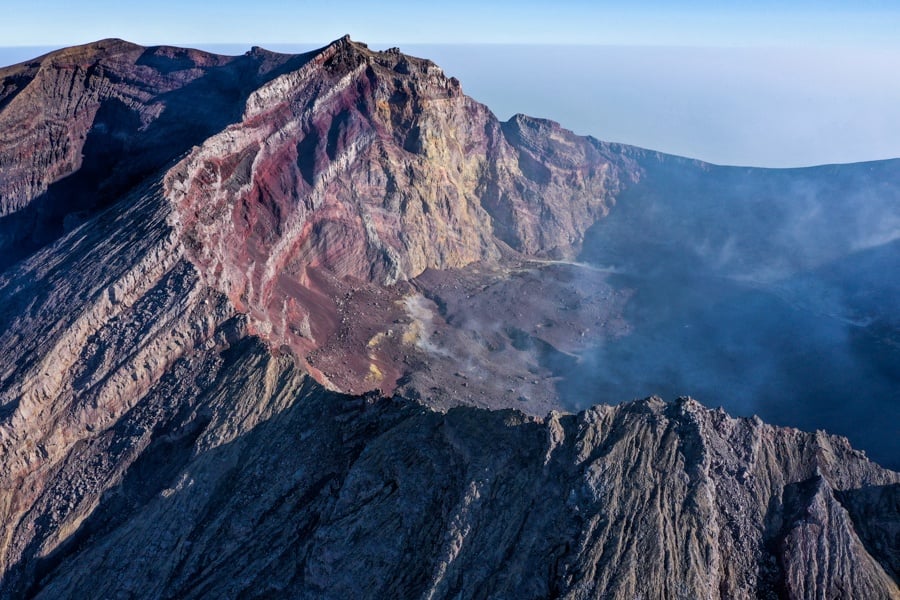 Drone picture of the Mount Agung volcano crater in Bali