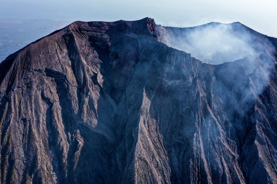 Drone picture of the Mount Agung volcano crater in Bali