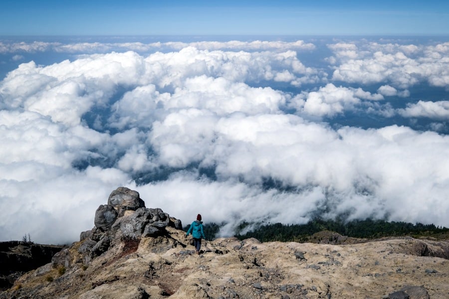 Hiker on the Mount Agung volcano in Bali