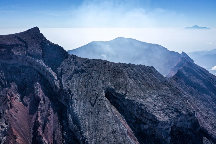 Drone picture of the Mount Agung volcano crater in Bali