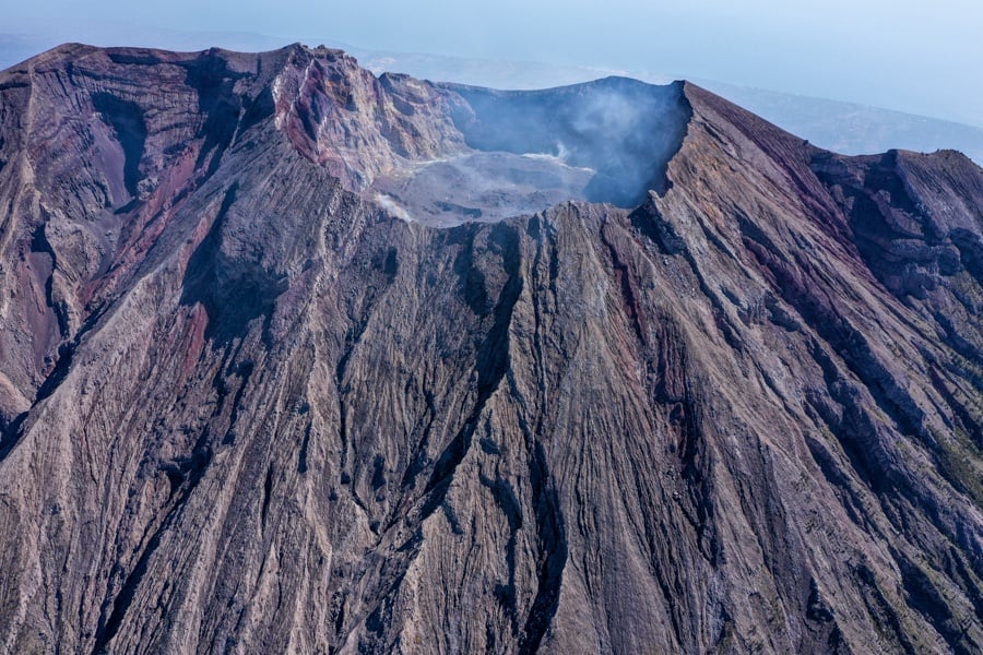 Drone picture of the Mount Agung volcano crater in Bali