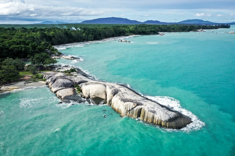 Drone view of Pantai Penyabong Beach in Belitung