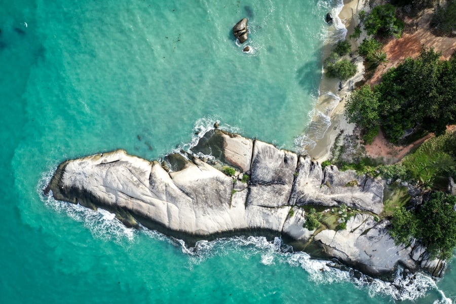 Drone view of Pantai Penyabong Beach in Belitung