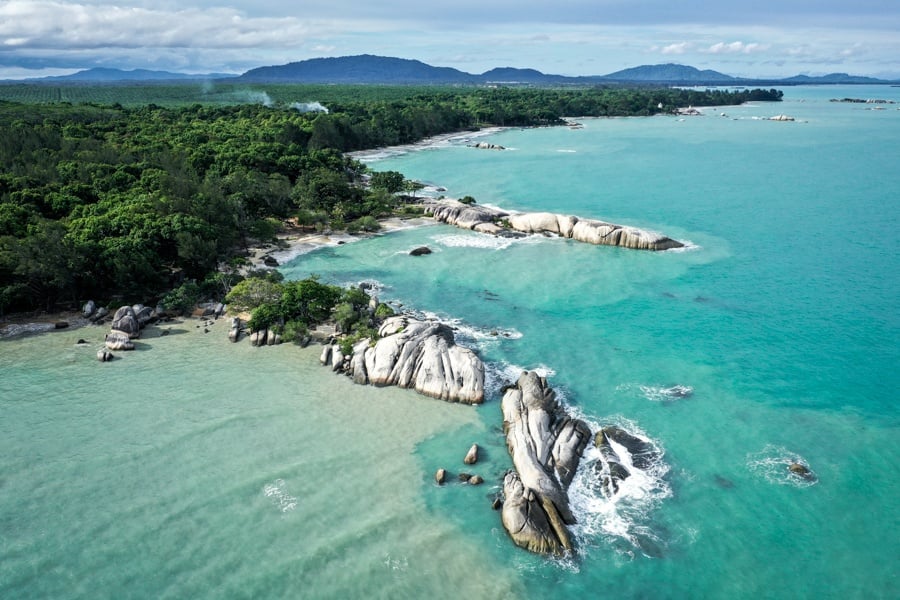 Drone view of Pantai Penyabong Beach in Belitung