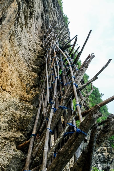 Steep trail and wooden railings at Pererenan Cliff in Nusa Penida, Bali