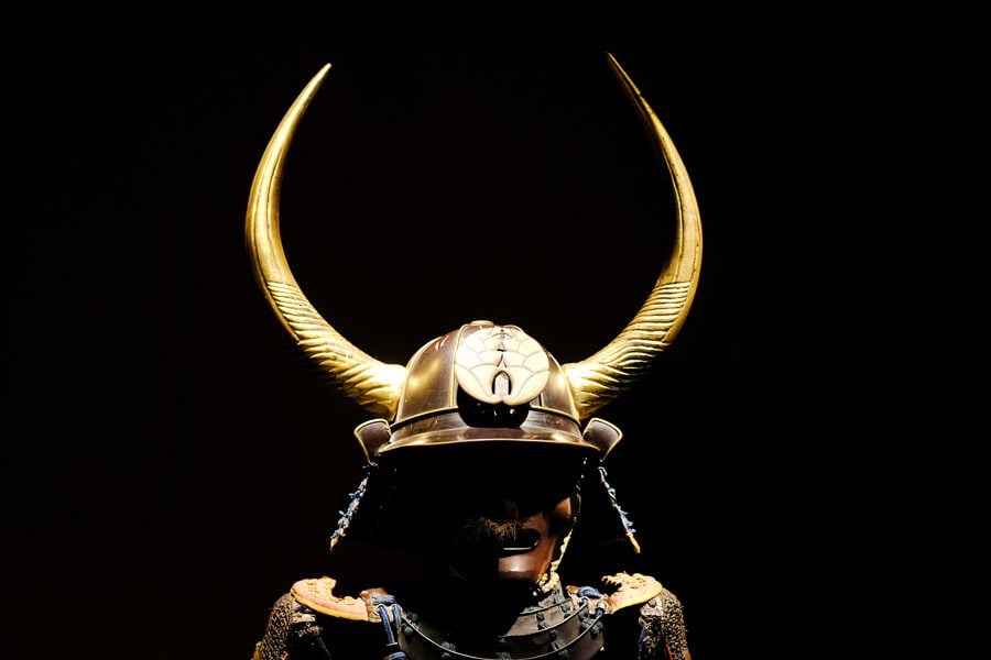 Samurai helmet on display at the Samurai Museum in Shinjuku, Tokyo, Japan