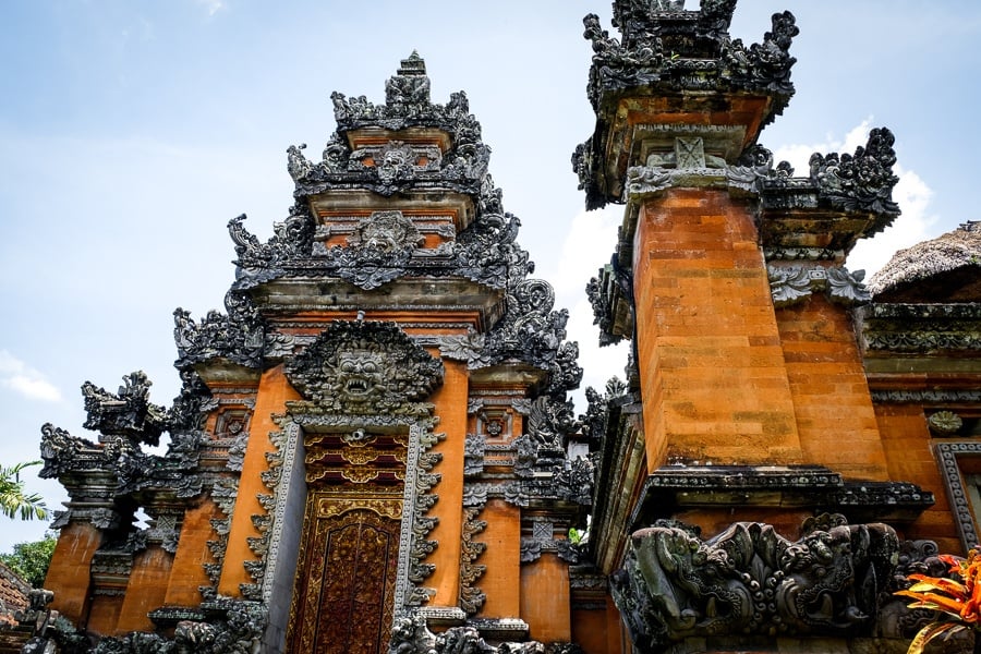 Carved walls at Pura Saraswati Temple in Ubud Bali