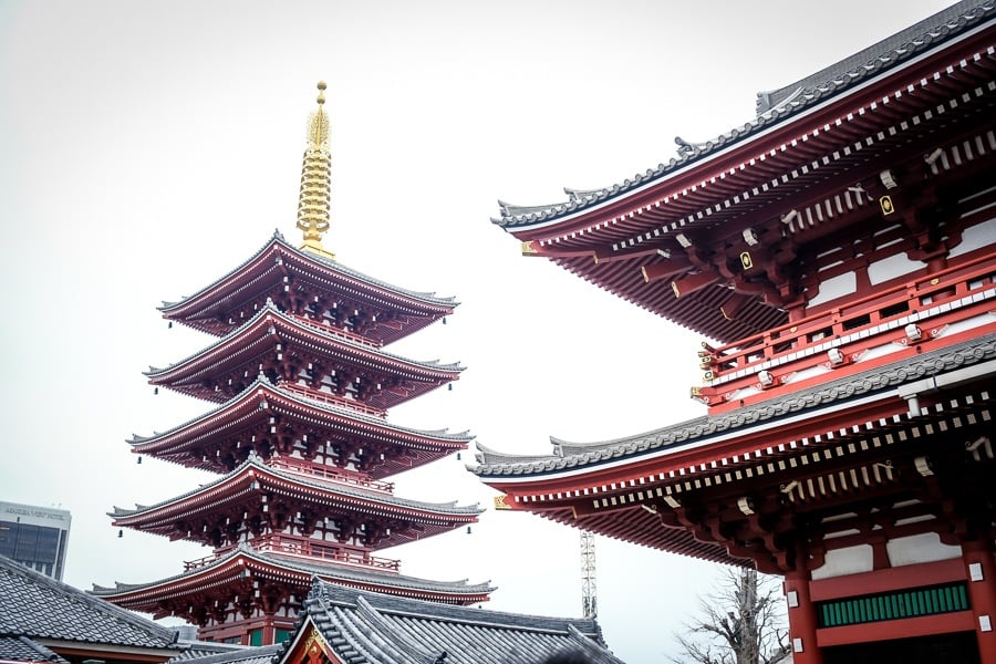 Sensoji Temple pagoda in Asakusa, Tokyo, Japan