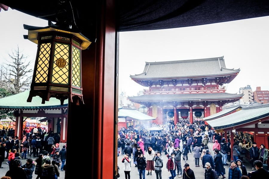 Crowded courtyard at Sensoji Temple in Asakusa, Tokyo, Japan