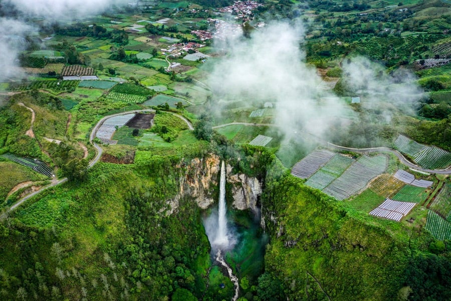 Sipiso Piso Waterfall Drone Picture In Berastagi Sumatra Indonesia