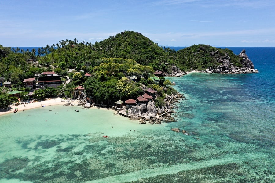 Drone view of Taa Toh Beach & Bay in Koh Tao, Thailand