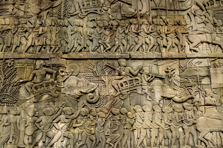 Khmer wall carvings of soldiers and war elephants